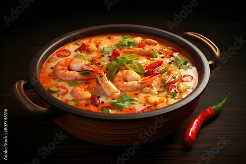 Tom Yum Kung Spicy Thai soup with shrimp, seafood, coconut milk and chili pepper in a bowl , generated by ai