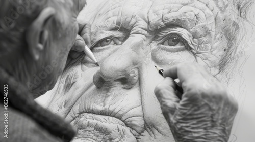 An artist drawing an incredibly detailed portrait of an elderly man.