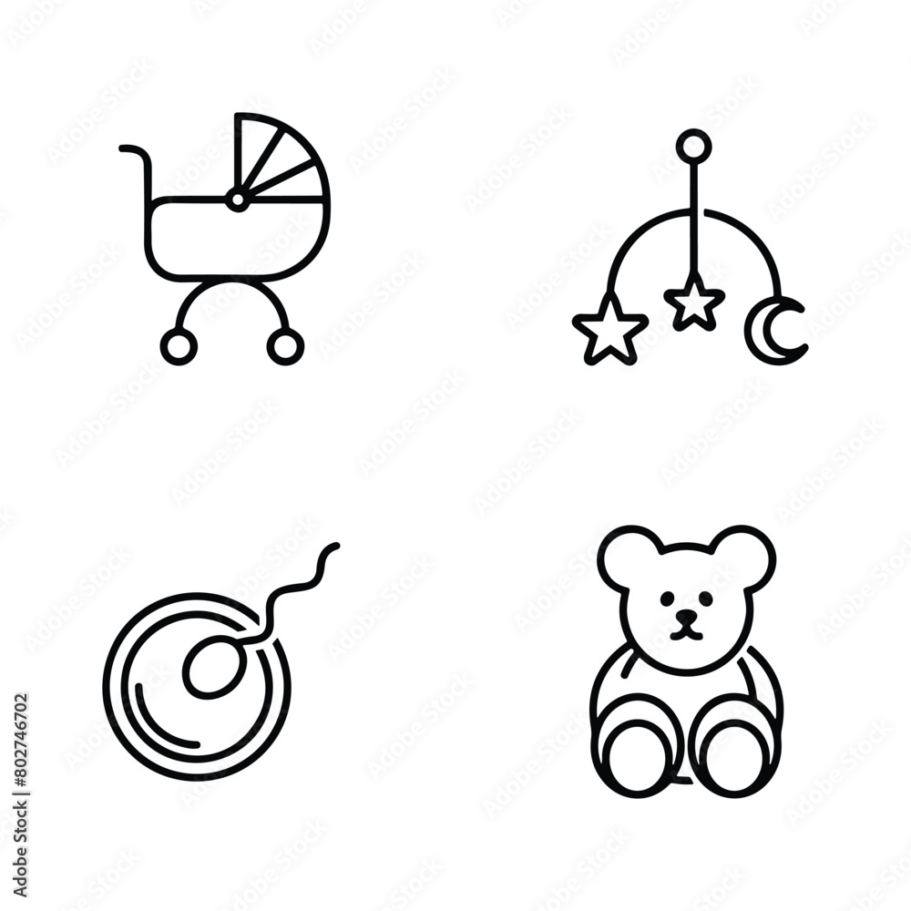 Fototapeta premium Set of line icons related to child care, international children day, kid rights, parenthood. Outline icon collection.