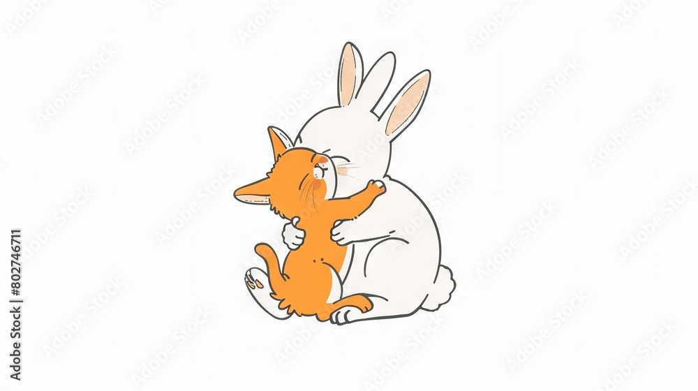 A sketch of a feline lovingly embracing a rabbit on its hind legs, against a white canvas A sketch of a feline lovingly embracing a rabbit on its hind legs, against a white canvas
