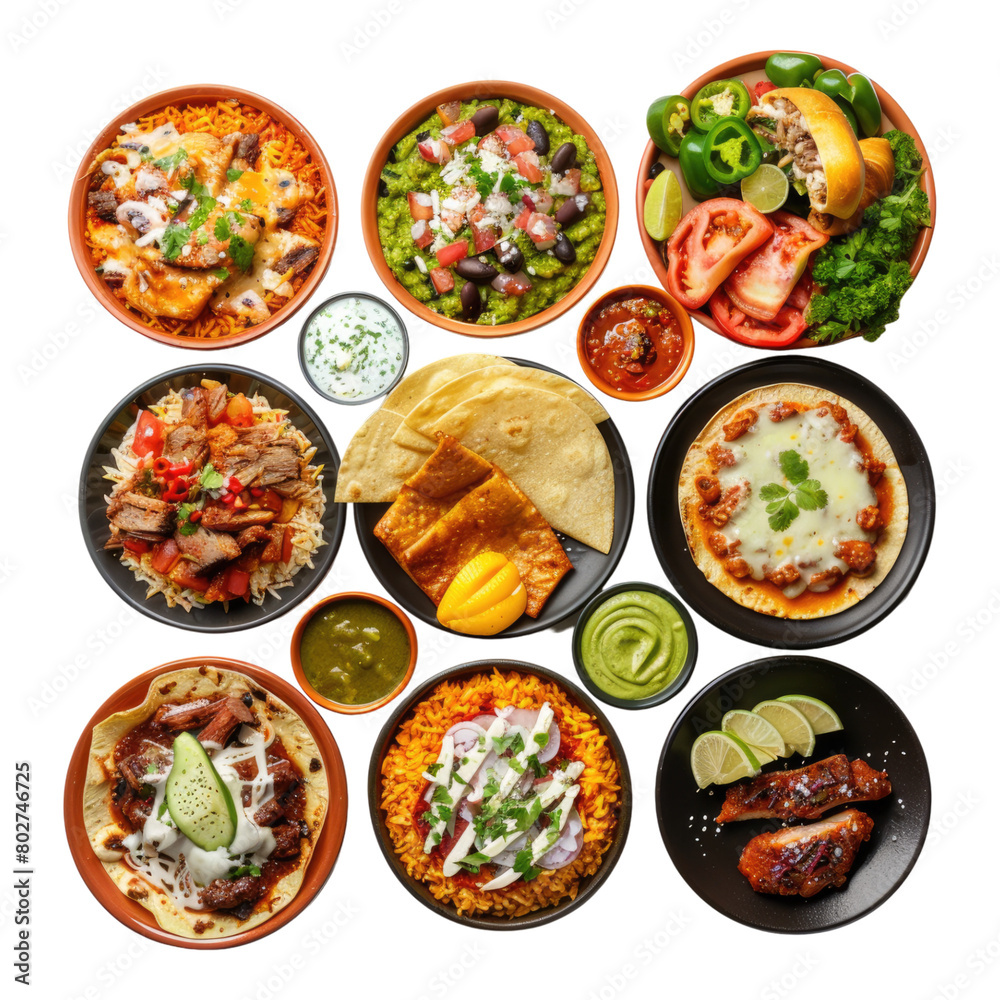 Variety of Mexican dishes isolated on transparent background Variety of Mexican dishes isolated on transparent background