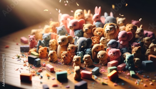 A group of colorful erasers carved into little animals, gathered around as if they are having a party on a desk.