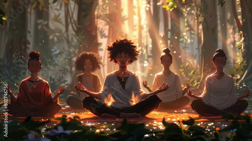 Five black women meditating in a lush forest