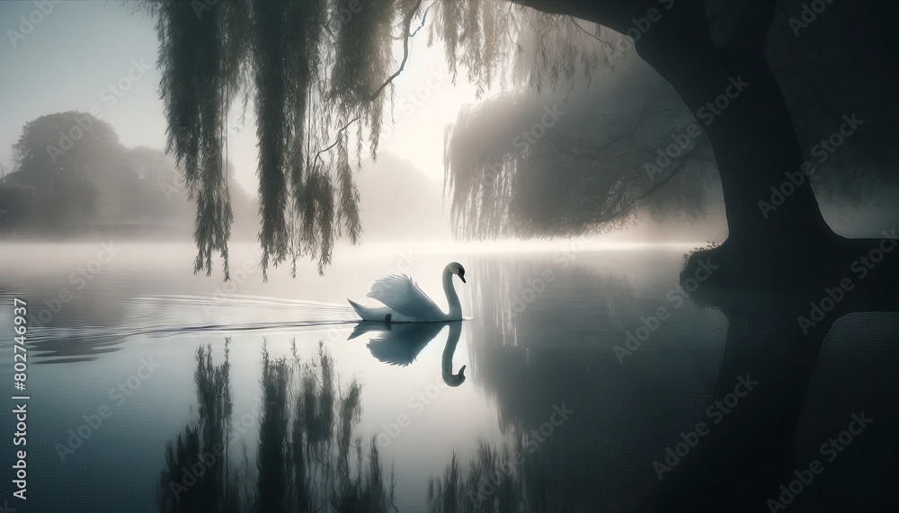 Fototapeta premium A lone swan gliding on a misty lake with soft-focus weeping willow branches framing the scene, captured at the tranquil break of dawn.