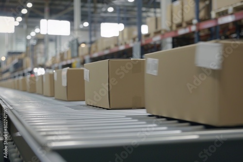 Wallpaper Mural Closeup of multiple cardboard box packages seamlessly moving along a conveyor belt in a warehouse fulfillment center, a snapshot of e-commerce, delivery, automation, and products Torontodigital.ca