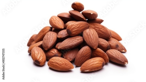 Pile of roasted almonds seeds isolated on white background.