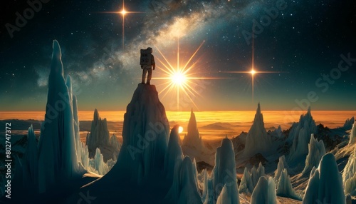 An astronaut standing atop a high ridge, gazing at a binary star sunset with a terrain of ice spires in the foreground. photo