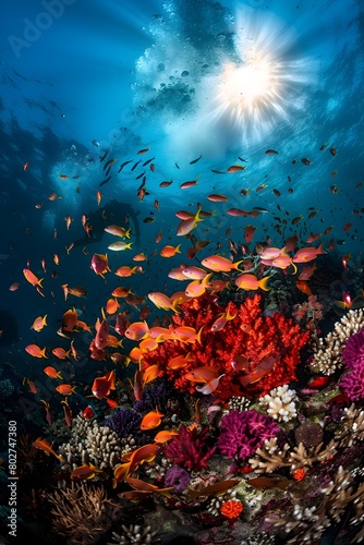 Breathtaking Underwater View of Vibrant Coral Reef Teeming with Diverse Tropical Marine Life
