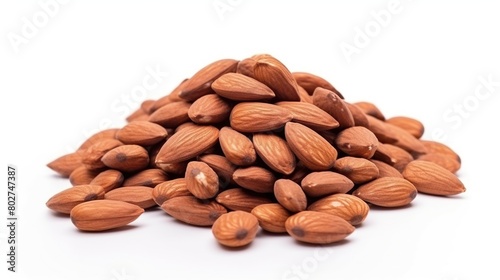 Pile of roasted almonds seeds isolated on white background. © Alpa