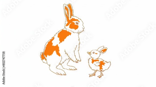   White rabbit and orange-white duck drawing on white paper background