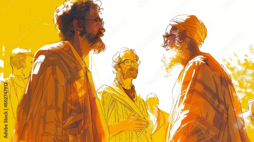 Three bearded men in yellow robes are having a serious conversation.