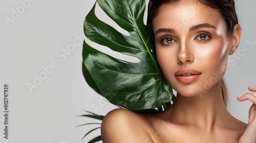 blue-eyed woman with freckles in the jungle peeks out from behind a tropical palm tree. Beautiful woman with green leave near face and body. Closeup girl s face with green leave