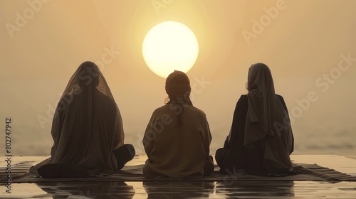 Three figures in burqas are sitting on a blanket, watching the sunset.