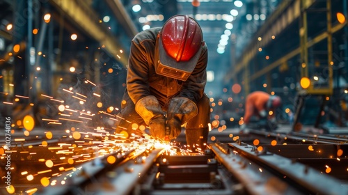 A man in a red helmet and a black jacket is working on a piece of machinery photo