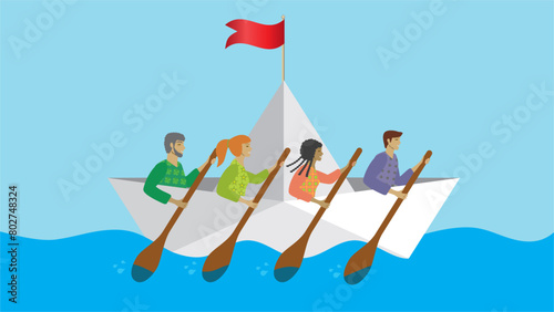 Diversity group with women and men paddling in boat. Dimension 16:9. Vector illustration.