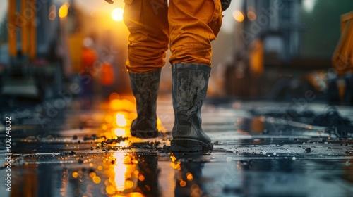A man in orange boots is walking on a wet street