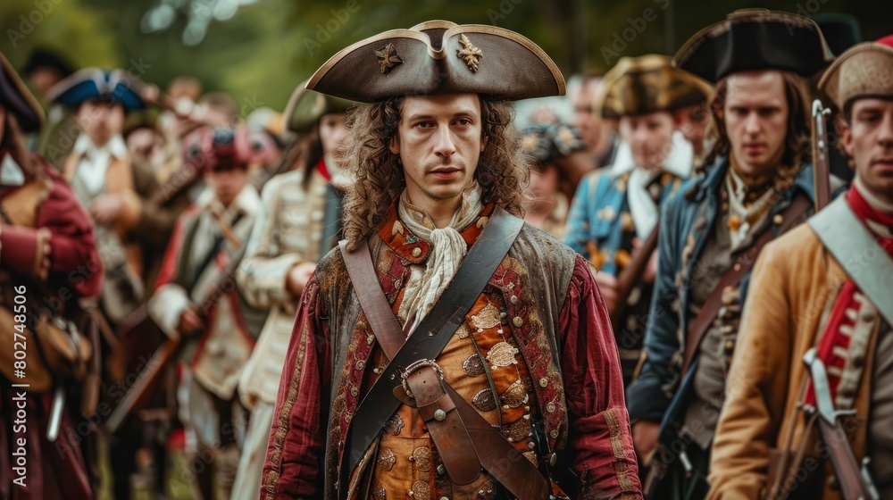 Fototapeta premium A young man with long brown hair wearing a brown tricorn hat and a red coat from the 1700s