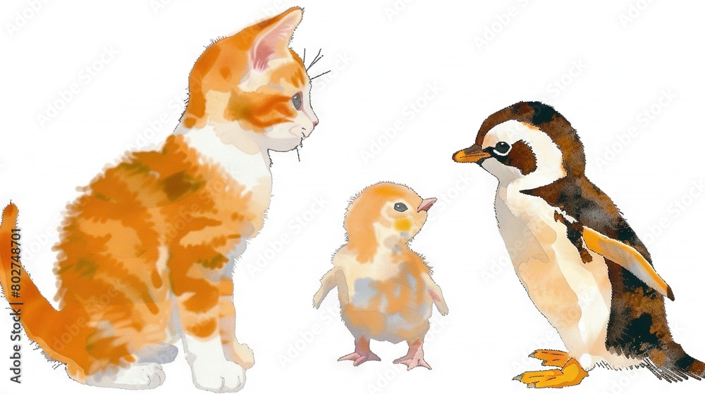 Fototapeta premium A watercolor painting of a cat, bird, and chicks