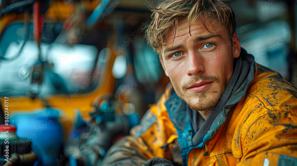 Portrait of a car mechanic repairing a car in a garage