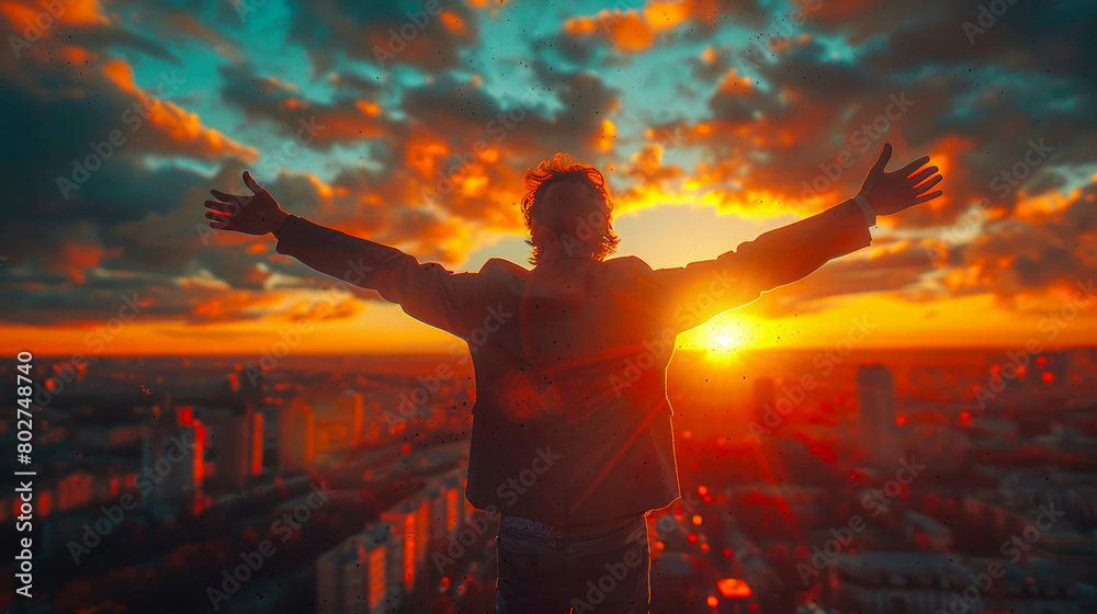Young man with arms outstretched enjoying the sunset over the city