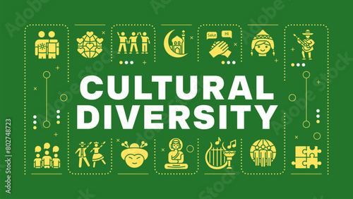 Cultural diversity green word concept. Different cultures, foreign language. Multi ethnic. Visual communication. Vector art with lettering text, editable glyph icons. Hubot Sans font used