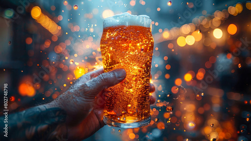 Man's hand holding a glass of beer on bokeh background