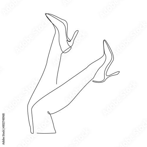 Continuous single line drawing of woman foot wearing high heel high hills shoes. One line art of sport shoes vector illustration