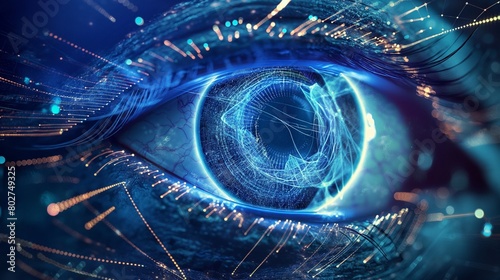 An electronic eye scanning over layers of cybersecurity, each blink sending shockwaves of countermeasures against waves of digital assaults, symbolizing vigilant network monitoring.  photo