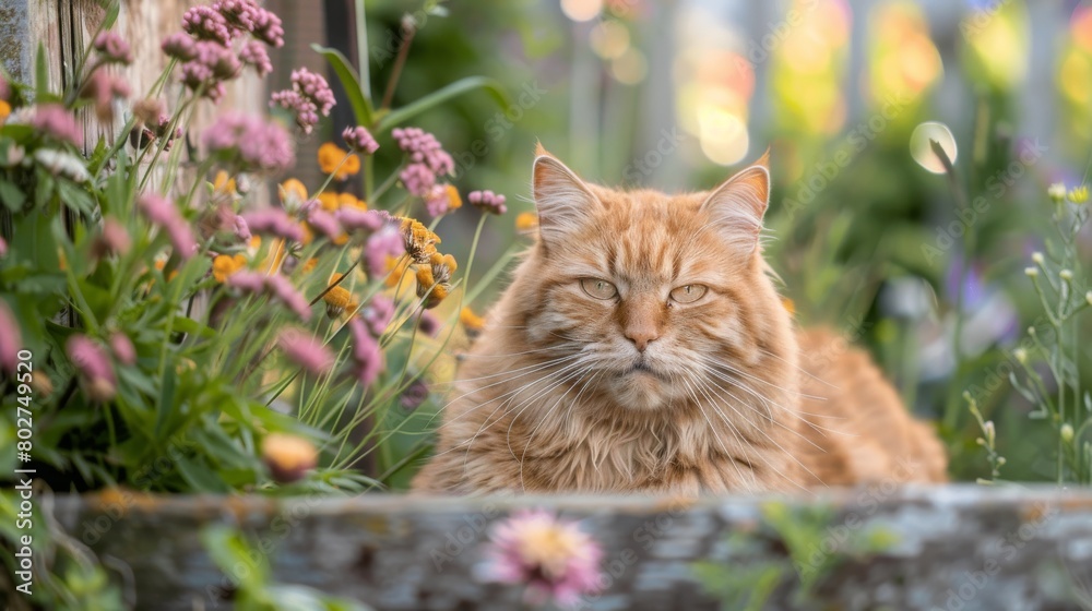Fototapeta premium Portrait of a majestic orange cat in a garden, flowers in the background, showcasing natural beauty and tranquility