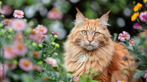 Portrait of a majestic orange cat in a garden, flowers in the background, showcasing natural beauty and tranquility