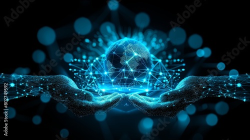 Digital technology background with human hands holding a virtual earth and global network connection, an AI robot hand on a digital globe or planet Earth for futuristic concepts.