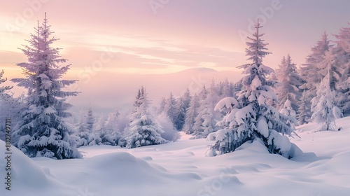 Serene Snowy Landscape with Frosted Trees Under a Calm Grey Sky