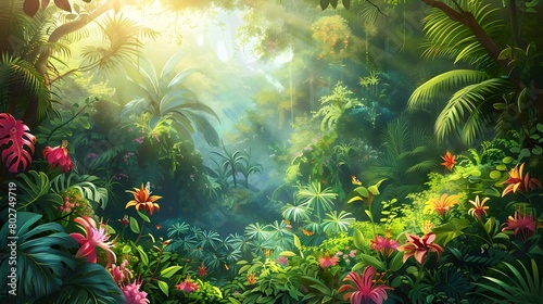 Vibrant Lush Tropical Jungle Landscape with Exotic Foliage and Flowers under Warm Sunlight