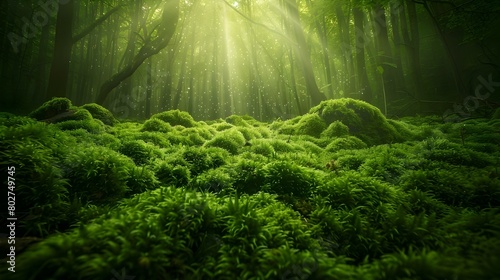 Lush Moss Covered Forest with Sunlight Streaming Through Canopy photo