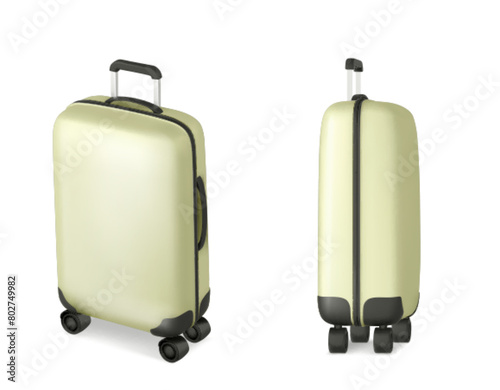 3d realistic isolated travel suitcase vector icon. Airport plastic luggage concept on white background. Baggage accessory with black handle. Minimal suit case flight equipment blank design template