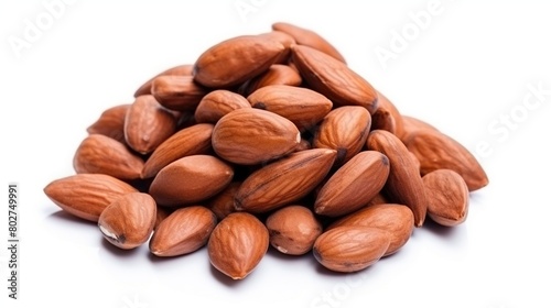 Pile of roasted almonds seeds isolated on white background.