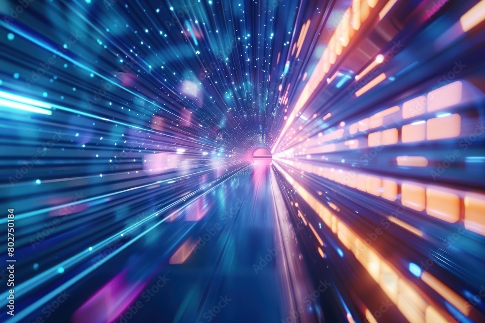 High-speed digital data stream flows through virtual blue tunnel, symbolizing cyber progress.