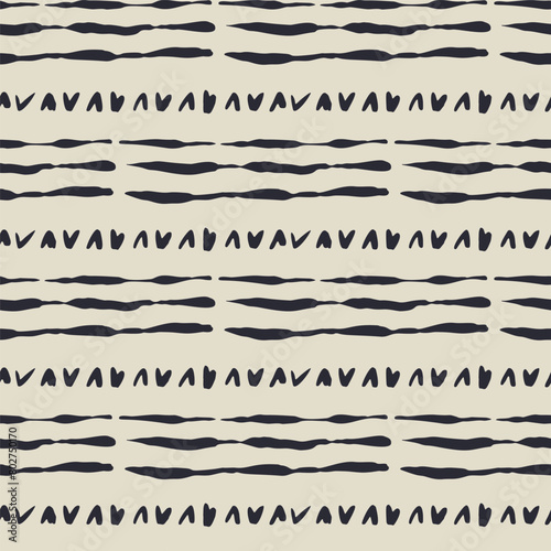 Monochrome dark blue and beige seamless pattern with organic sketchy stripes. Vintage folk background.