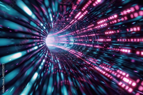 High-speed digital data stream flows through virtual blue tunnel, symbolizing cyber progress.