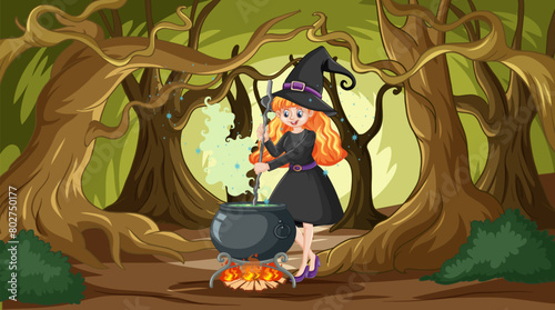 Cartoon witch with cauldron in a mystical forest.
