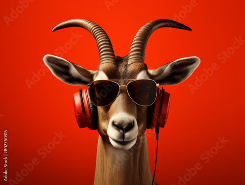 A goat wearing sunglasses and headphones photo