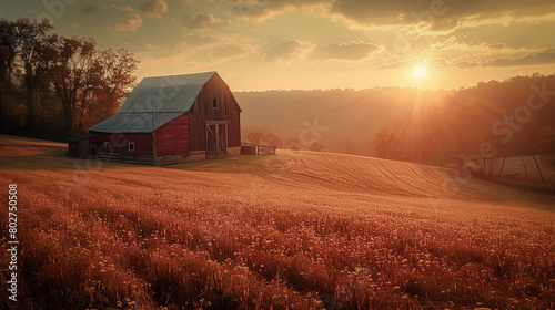 Rural idyll: sunrise over a picturesque farm photo