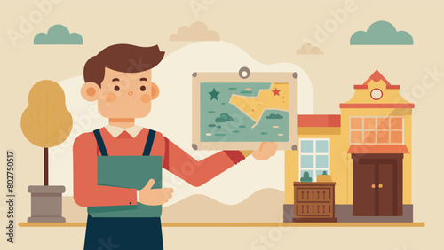A small town antique store with a charming owner proudly displaying a unique map of their own town from a century ago attracting curious locals eager. Vector illustration