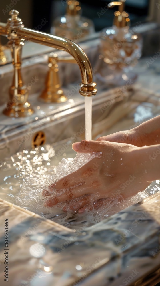 Fototapeta premium Luxury hand soap advertisement, elegant hands washing over a marble sink, highlighting quality and care
