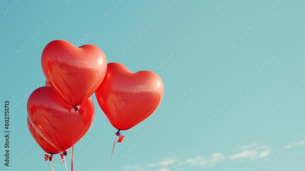 Heartshaped balloons floating against a clear blue sky, perfect for celebrations and special occasion marketing