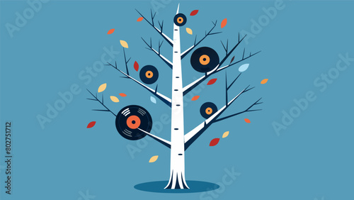 A slender birch tree with delicate branches featuring vinyl records of dream pop shoegaze and postrock genres. Vector illustration