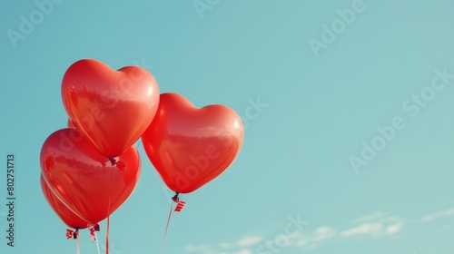 Heartshaped balloons floating against a clear blue sky  perfect for celebrations and special occasion marketing