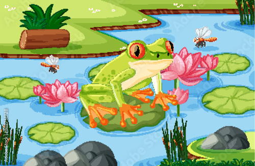 Colorful frog sitting on lily pad with flowers.
