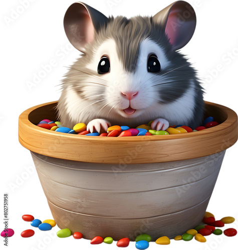 A chubby grey hamster peeking out of a wooden bucket.  photo