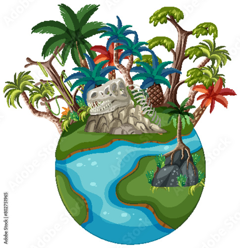 Illustration of a lush island with dinosaur remains.